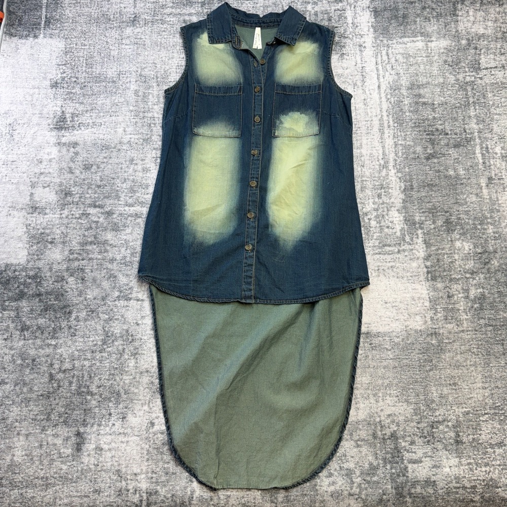 Glam Dollz Top Women Medium Sleeveless Denim Jean Button Up High Tail Low Grunge